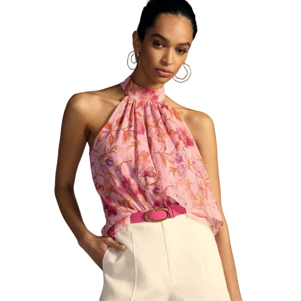 MISA Los Angeles Anka Halter Top Pink Tiered Cascading Layers Mock neckline M